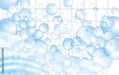 White mosaic tiles background with soap bubbles floating. Bathroom or kitchen cleaners ads. Vector