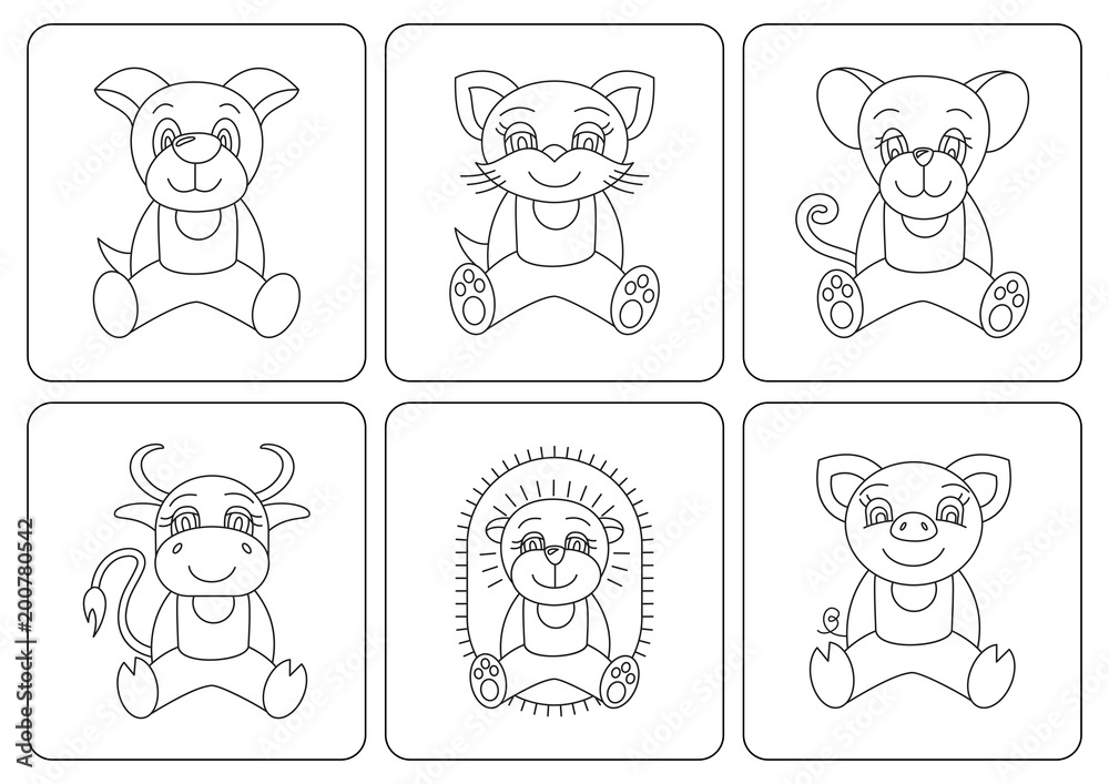 Kids coloring book. Animals: rat; dog; pig; cat; mouse; ox; cow; bull. Vector line illustration Kids coloring book. Animals: rat; dog; pig; cat; mouse; ox; cow; bull. Vector line illustration