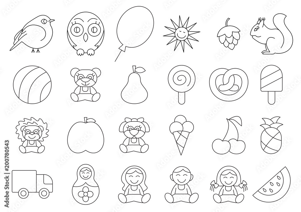 Coloring book. Vector kids illustration. Doll, owl, squirrel, sun, ball, toy, apple, lollipop, ice cream, cherry, pineapple, matryoshka, watermelon. Black contour set