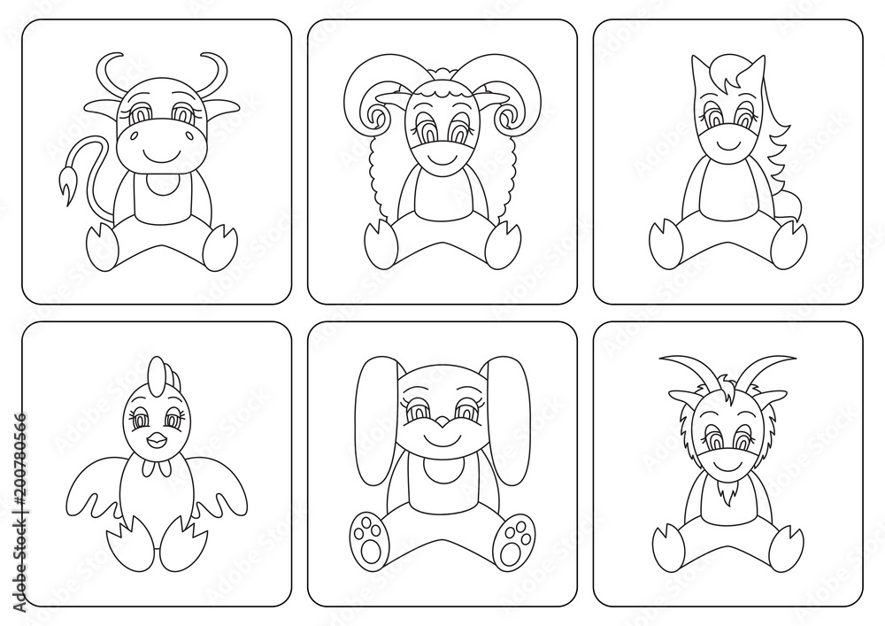 Kids coloring book. Animals: horse; rooster; rabbit; goat; ox; chicken; sheep; cow; bull