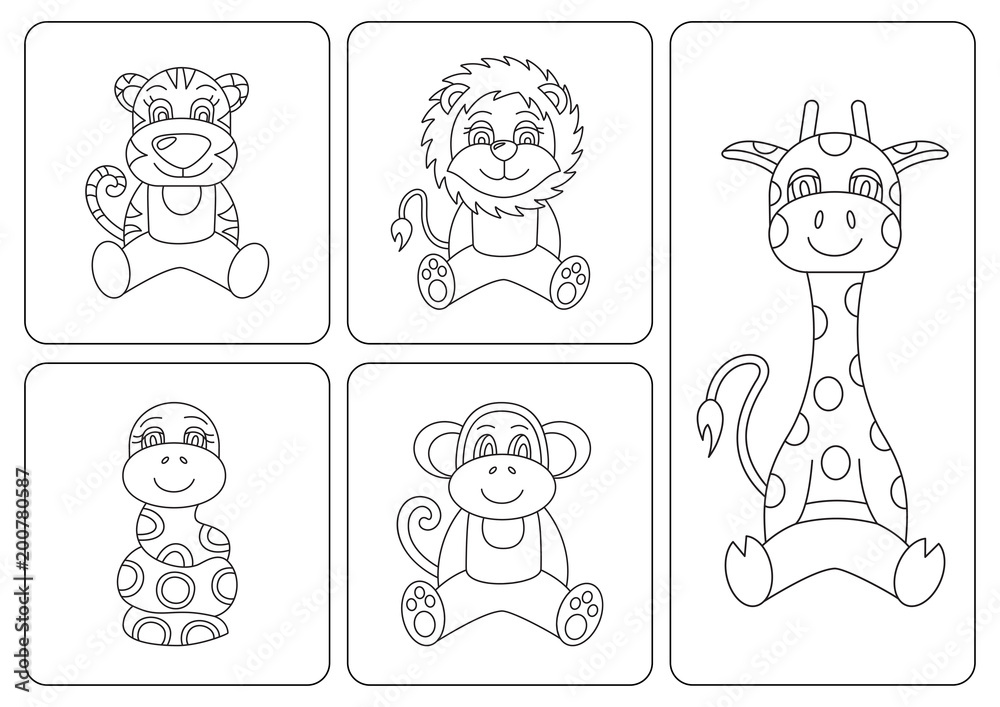 Kids coloring book. Animals: tiger; snake; monkey; giraffe, leo, lion Kids coloring book. Animals: tiger; snake; monkey; giraffe, leo, lion