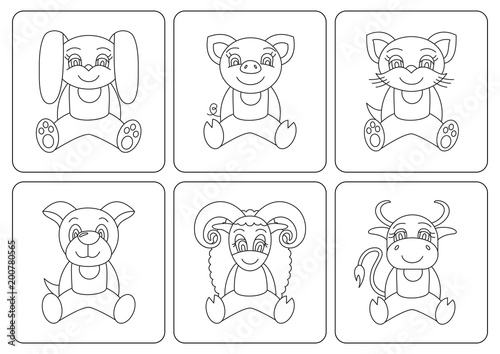 Kids coloring book. Animals: rabbit; pig; cat; dog; sheep; ox; cow; bull. Vector line illustration