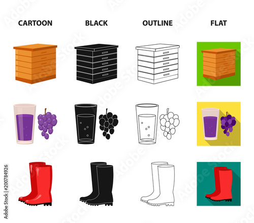Hive, grapes, boots, wheelbarrow.Farm set collection icons in cartoon,black,outline,flat style vector symbol stock illustration web.