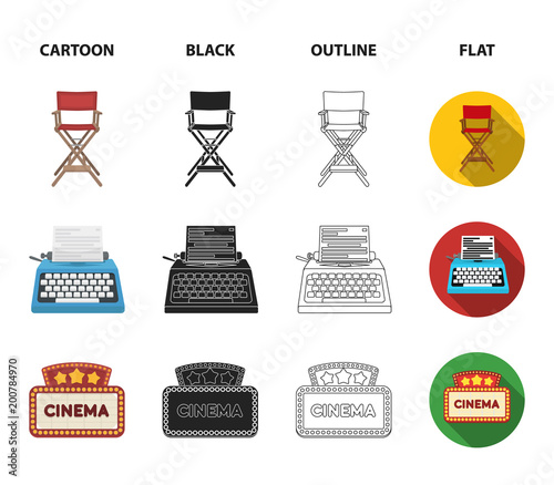 Chair of the director, typewriter, cinematographic signboard, film-man. Films and cinema set collection icons in cartoon,black,outline,flat style vector symbol stock illustration web.