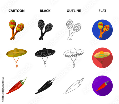 Maracas national musical instrument, sambrero traditional Mexican headdress, red pepper, bitter, idol-deity.Mexico country set collection icons in cartoon,black,outline,flat style vector symbol stock photo