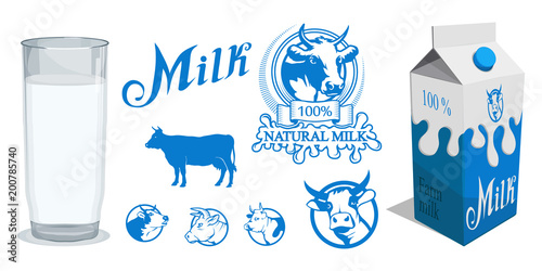 Set of different Milk product. Milk logo. Healthy drink. Lettering. Milk is a nutritious liquid. Ecologically pure natural cow milk and dairy products.