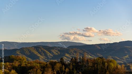 View over the the vineyards an the foggy valleys of slovenia south Styria Sustria Libenitz