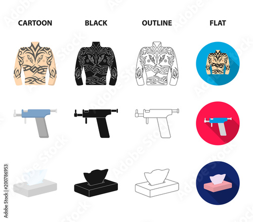 Body tattoo, piercing machine, napkins. Tattoo set collection icons in cartoon,black,outline,flat style vector symbol stock illustration web.