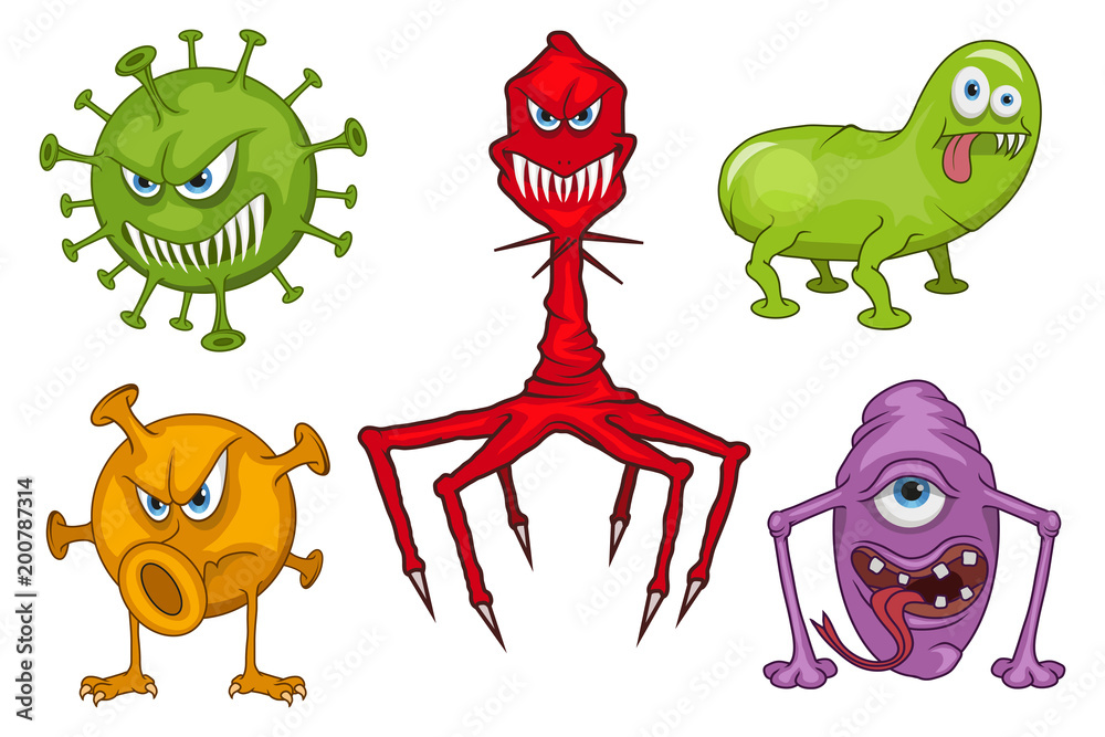 Set of different medical virus logo. Cartoon virus. Funny micro Virus.  Cartoon bacteria character. Vector virus character. Stock Vector | Adobe  Stock