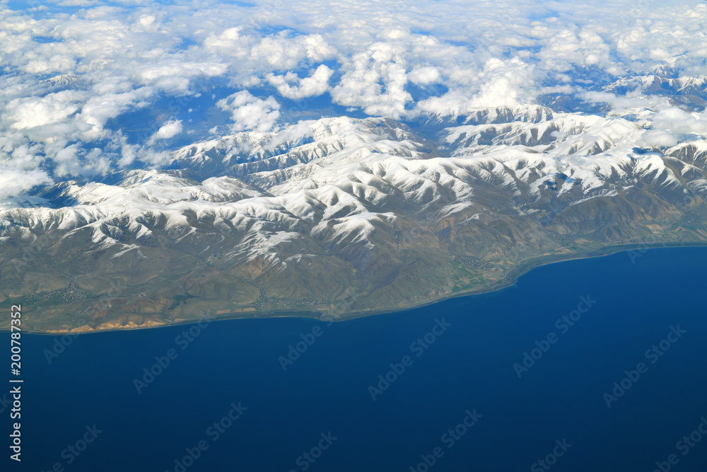 View from height of Lake Sevan and Caucasus Mountains