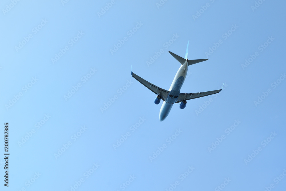 The passenger plane flies low overhead on a blue sky background. Bottom view The passenger plane flies low overhead on a blue sky background. Bottom view