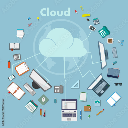 Set of different web elements. Cloud computing concept. Sending the folder to the computer cloud.