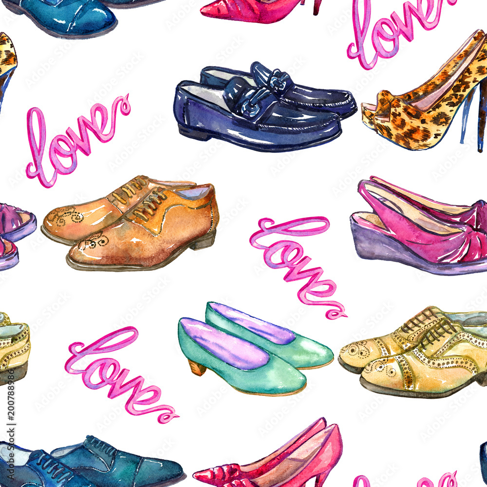 Different styles of gentlemen`s and lady`s shoes in love, hand painted watercolor illustration, seamless pattern on white background Different styles of gentlemen`s and lady`s shoes in love, hand painted watercolor illustration, seamless pattern on white background