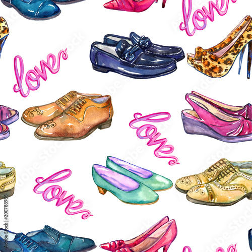 Different styles of gentlemen s and lady s shoes in love  hand painted watercolor illustration  seamless pattern on white background
