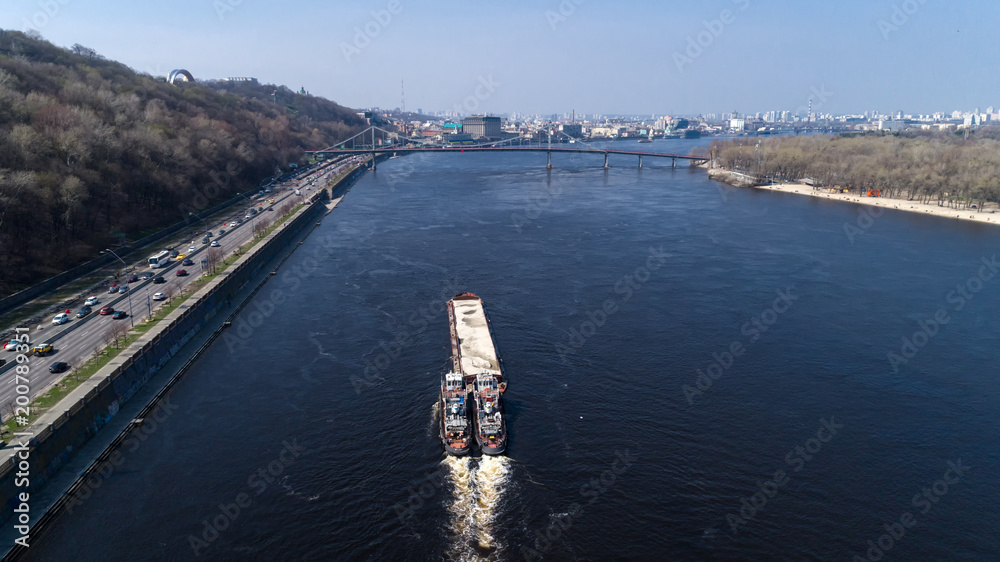 Aerial view of the barge with sand