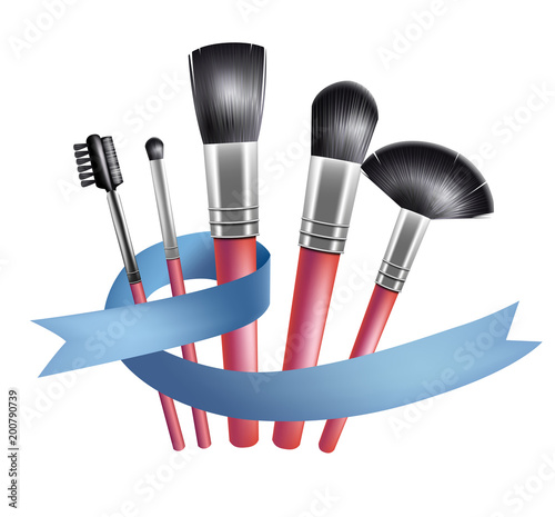 Set of makeup brushes and blue ribbon. Accessory, tool, complexion. Beauty concept. Can be used for topics like visage, cosmetics, fashion