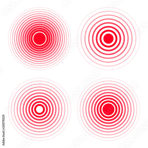 Pain concentration icon set. Red trasparent circles, symbols of pain concentration for medical painkiller drugs, headache, muscle and stomach ache designation