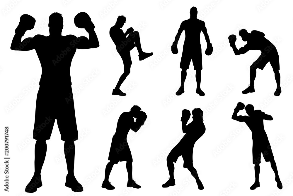 Vector silhouette of man who boxing on white background.