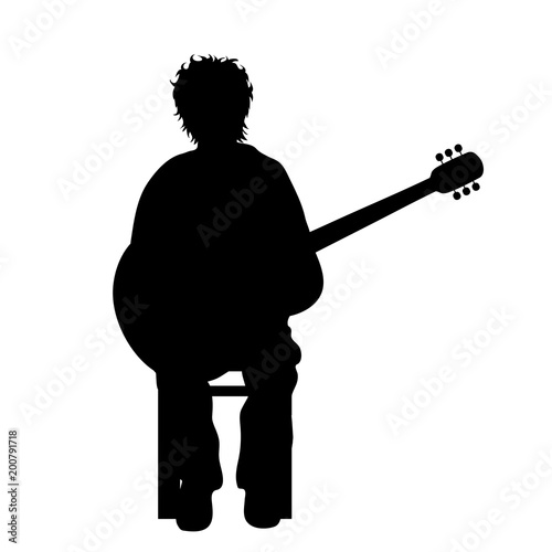 Vector silhouette of woman who play on guitar on white background.