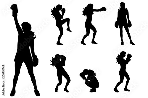 Vector silhouette of woman who boxing on white background.