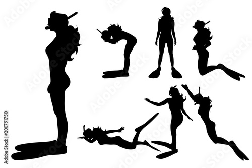 Vector silhouette of woman who is diving on white background.