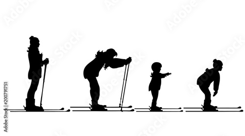 Vector silhouette of people who skiing on white background.