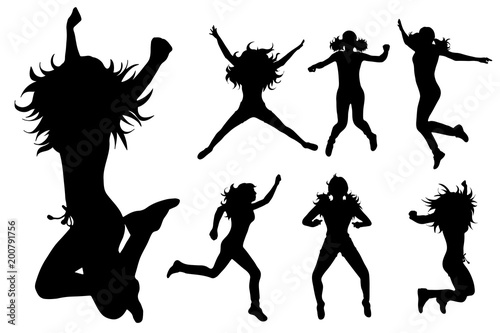 Vector silhouette of woman who jump on white background.