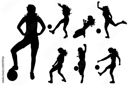 Vector silhouette of woman who play football on white background.