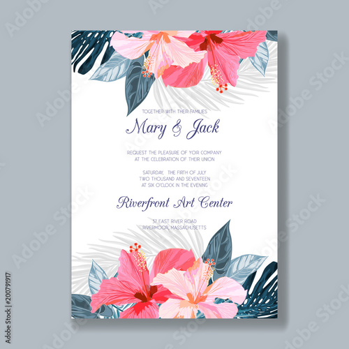 Wedding invitation template with tropical flowers and leaves, thank you card, save the date cards. Gentle background for invitations or greeting cards.