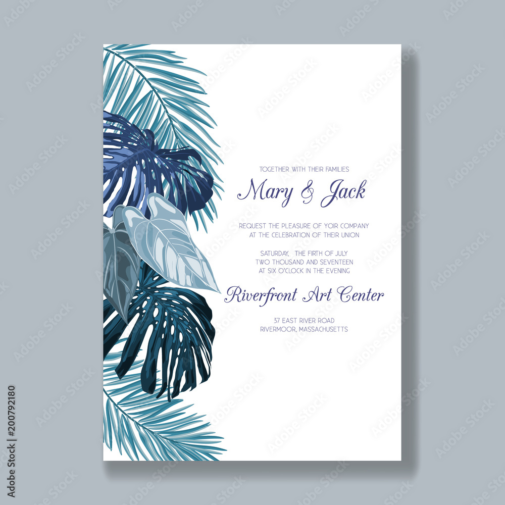 Wedding invitation template with tropical leaves, thank you card, save the  date cards. Gentle background for invitations or greeting cards. Stock  Vector | Adobe Stock
