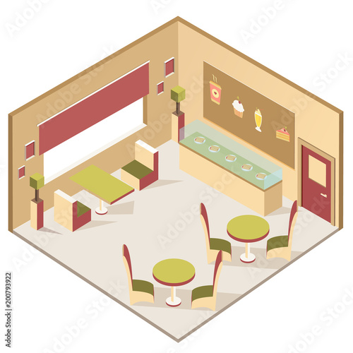 Isometric low poly restaurant or cafe interior