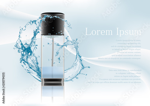 Advertising magazine page.Realistic transparent glass bottle two-phase cosmetic product,tonic,lotion.Black lid with dispenser.Abstract stylish gradient background,text .Vector illustration.