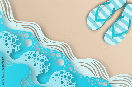 Abstract paper art sea or ocean water waves and beach and slippers. Summer vacation concept. Paper seacoast waves with lines and bubbles.