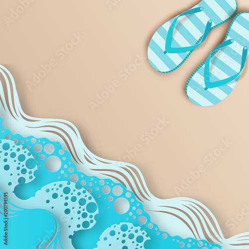 Abstract paper art sea or ocean water waves and beach and slippers. Summer vacation concept. Paper seacoast waves with lines and bubbles.