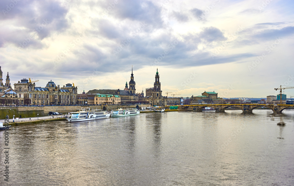 Scenic view of the old town architecture of Dresden Saxony, Germany and Elbe river