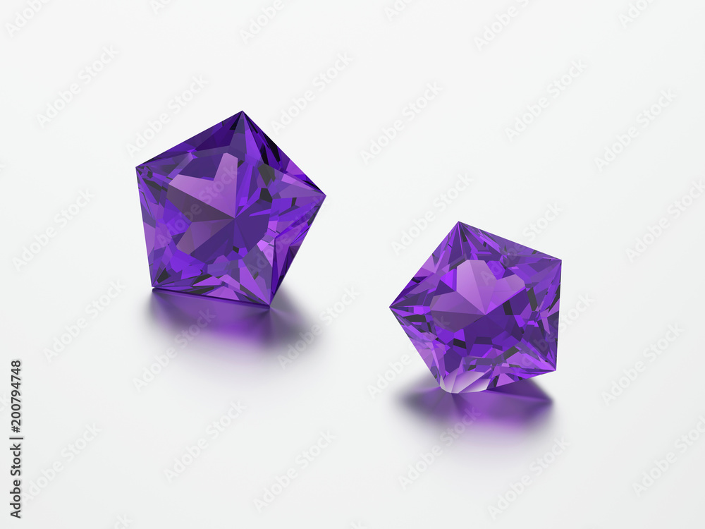 3D illustration two purple pentagon diamonds stones