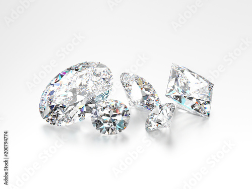 3D illustration group of white different diamonds stones