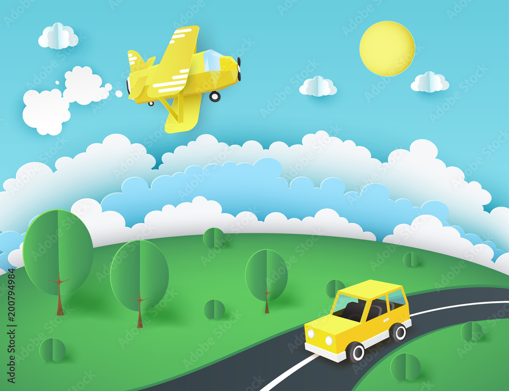 Obraz Paper art background, yellow airplane in the sky, car on the road near green lawn with trees and bushes. Fluffy paper clouds and sun. Vacation and travel concept. Vector illustration