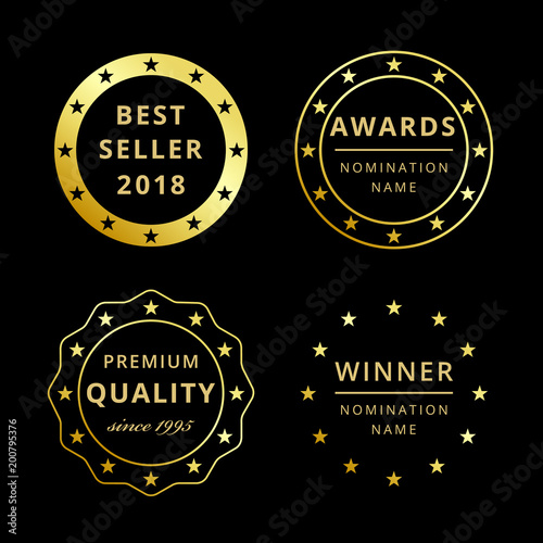 Best seller or price 2018, 2019 greetings. Film awards logotype collection. Set of isolated elegant abstract gold gradient symbols. Luxurious winning congratulating template, first place or discount.