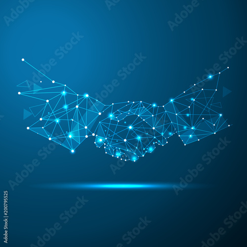 Abstract image handshake in the form of a starry sky or space, consisting of points, lines, and shapes in the form of planets, stars and the universe vector business wireframe concept