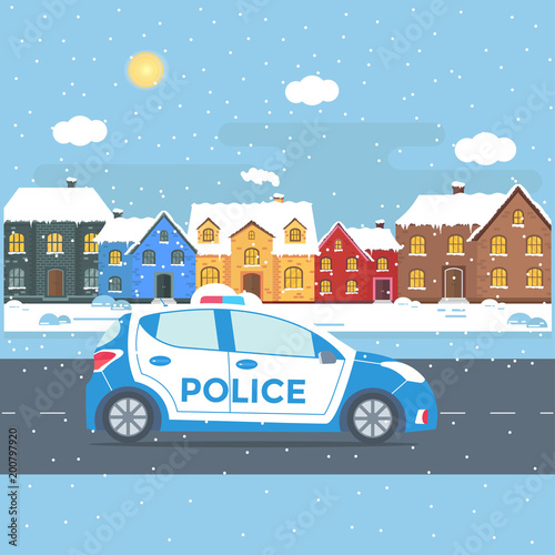 Police patrol on a road with police car, house, nature landscape