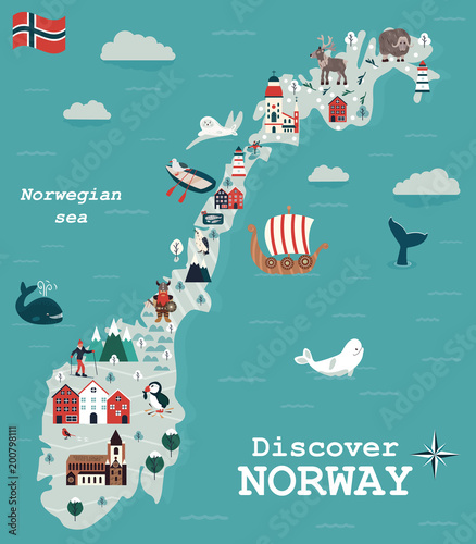 Fotografia, Obraz Set of Norway landmarks. Vector illustration