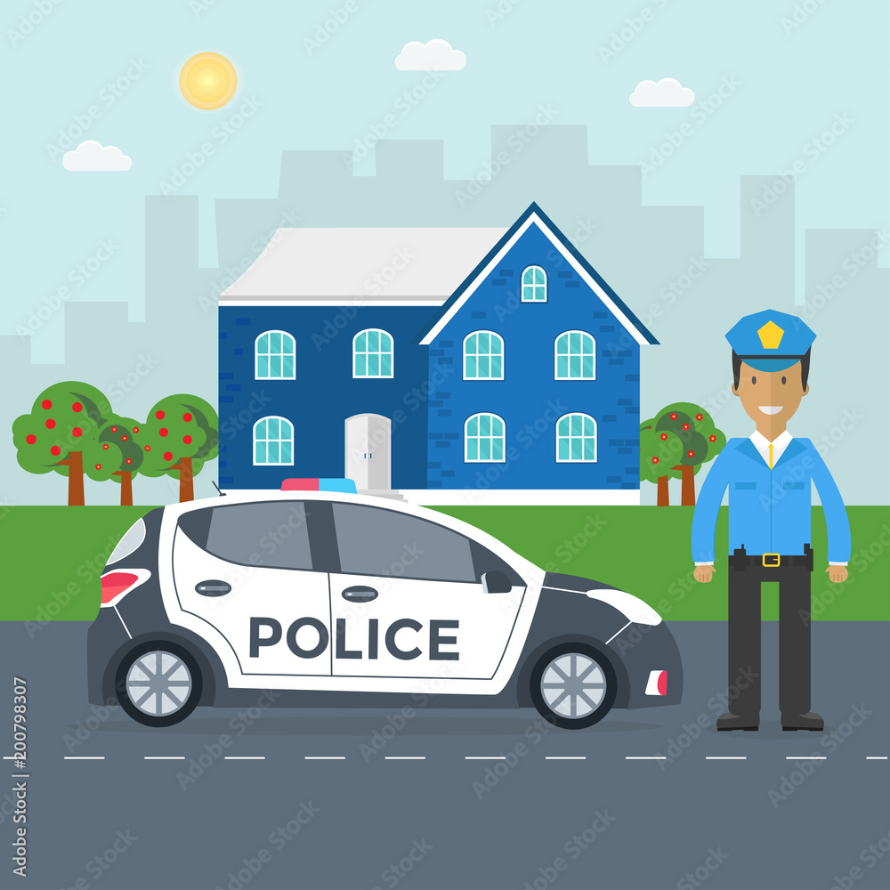 Obraz premium Police patrol on a road with police car, officer, house