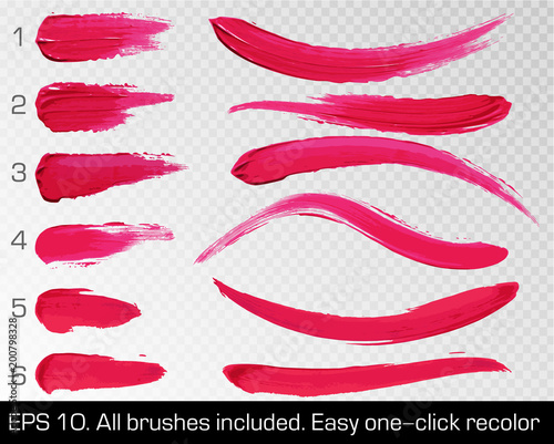 Red smears lipstick set texture brush strokes isolated on white transparent background. Make up. Vector illustration. Beauty and cosmetics colorful collection, hand drawn design element. photo