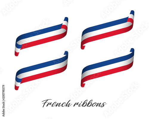 Set of four modern colored vector ribbons with French tricolor isolated on white background, flag of France, French ribbons