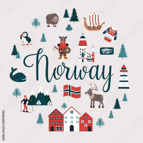 Set of Norway landmarks. Vector illustration photo