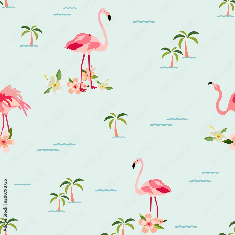 Obraz premium Seamless tropical pattern with flamingos, palms