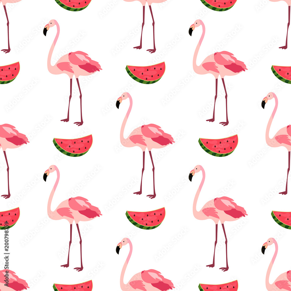 Naklejka premium Seamless pattern with flamingos and watermelons