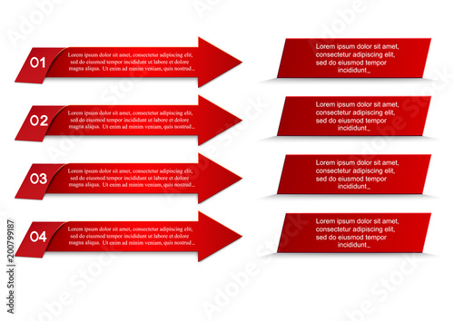 Four steps of the infographics in the form of red arrows that point to the plates.Elements of infographics for business,advertising,presentation.A diagram in the form of red arrows on white background