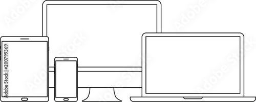 Device and gadget line art set. Laptop, smartphone, modern portable and compact personal computer machines for home and office work. Vector line art device illustration
